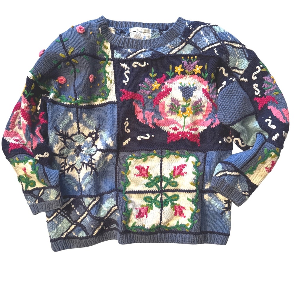 Vintage Jennifer Reed Hand Knit Sweater Cottagecore Floral L - Picture 3 of 10